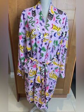 NOOWORKS California Lavender Robe/Duster w Colorful Animal Prints and Belt, XL